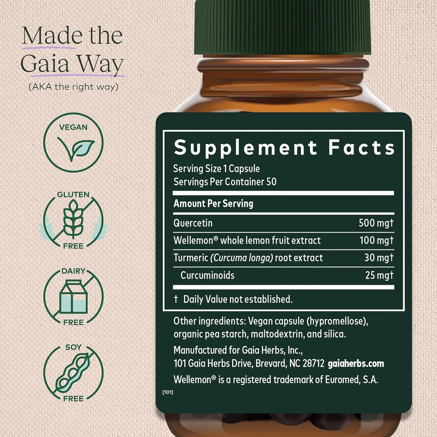 Gaia Herbs Quercetin Synergy - Supports Immunity - with Lemon Fruit Extract - 50 Vegan Capsules (50-Day Supply)