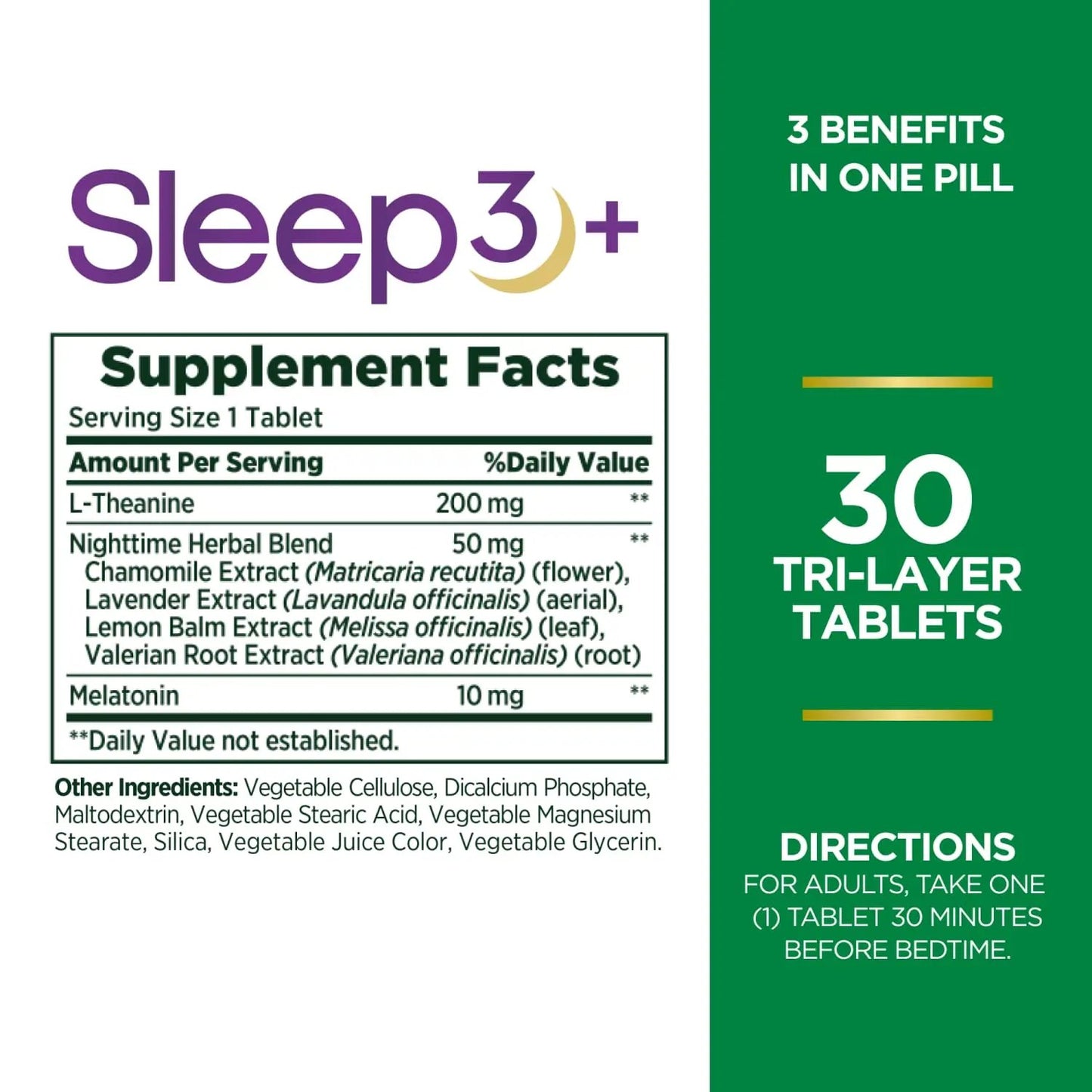 Nature Bounty Sleep3 Maximum Strength 100% Drug Free Sleep Aid, Dietary Supplement, L-Theanine & Nighttime Herbal Blend Time Release Technology, 10mg, 30 Tri-Layered Tablets Nature's Bounty