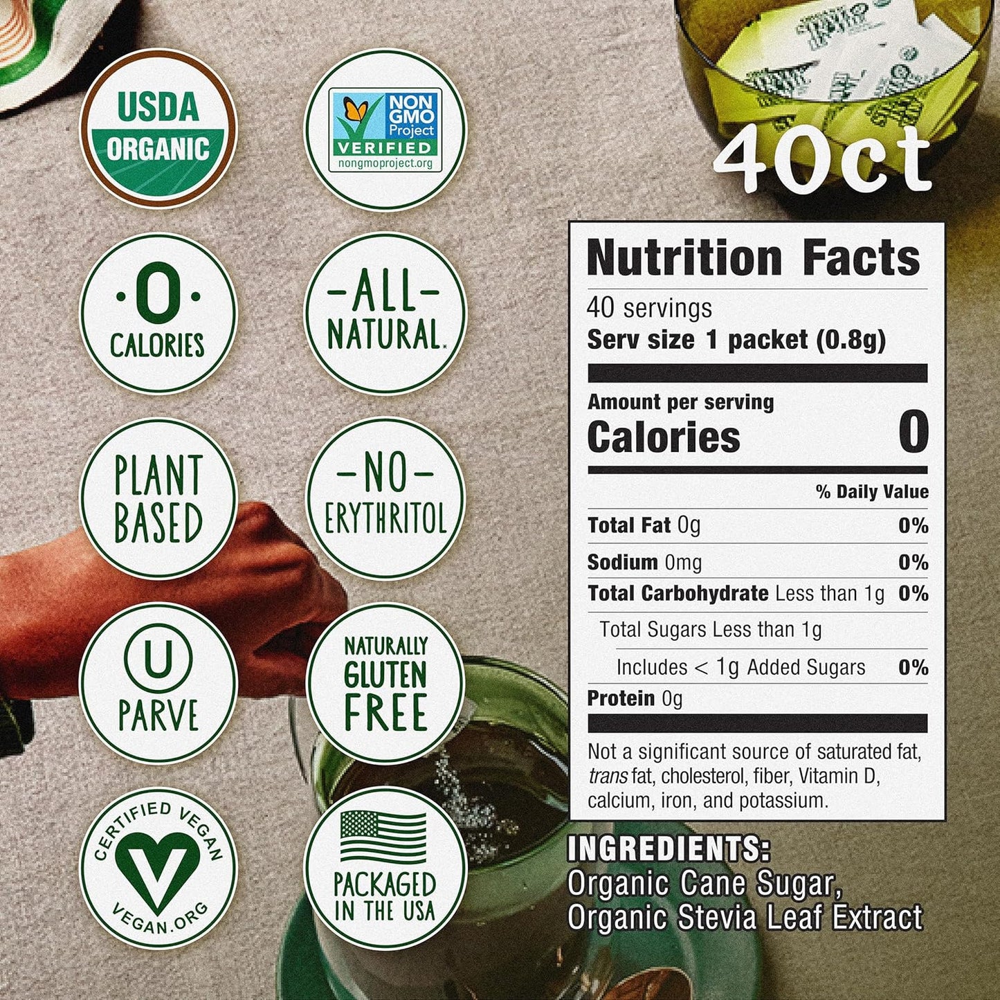Stevia In The Raw Organic Stevia Sweetener Packets, 40 Ct, Zero Calorie Stevia Sugar Substitute Packets