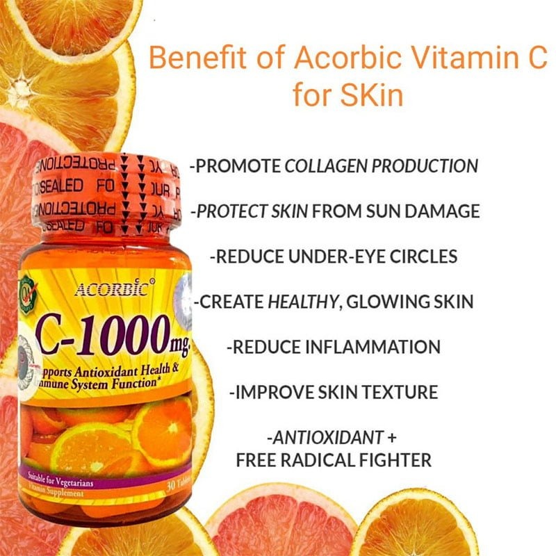 30 Pills Acorbic C 1000 Mg Vittamin C Supplement Bright Clear Faster Whitening Ascorbic Acid