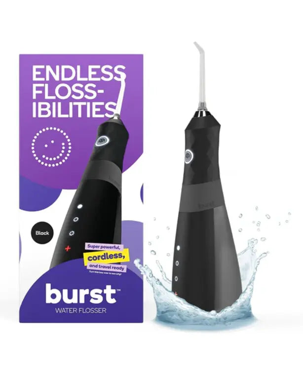 BURST Water Flosser for Teeth Cleaning – Cordless Water Flosser Picks for Plaque Removal Between Teeth, Braces & Dental Work – Electric & Portable Water Floss – Refillable 110mL Tank, 3 Modes – Black