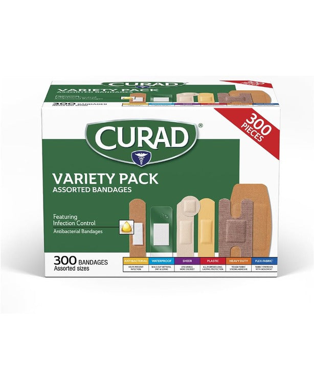 Curad Assorted Bandages Including Antibacterial,
Heavy Duty, Fabric, and Waterproof Bandages,
300 Pieces