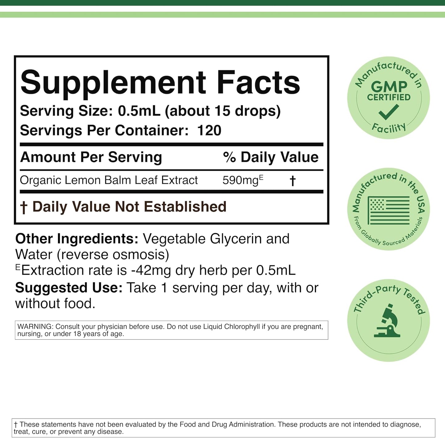 Lemon Balm Liquid Drops 590mg, Calm, Sleep + Digestion, 120 Servings | Calm, Sleep + Digestion Liquid Supplement, Alcohol-Free Glycerin, Pleasant Taste, PM for Sleep, Vegetarian, 4-Month Supply
