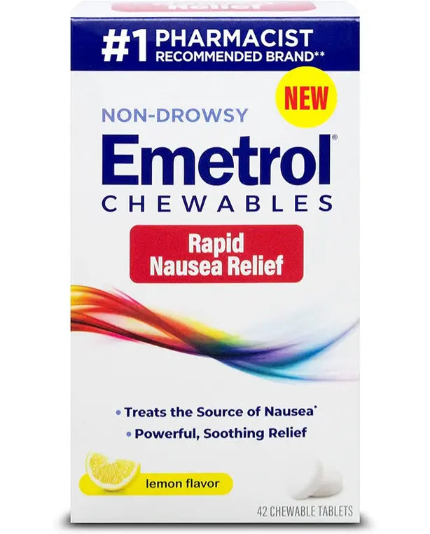 Emetrol Chewables for Rapid Nausea Relief, Pharmacist-Recommended and Non-Drowsy, Lemon Flavor, 42 Tablets
