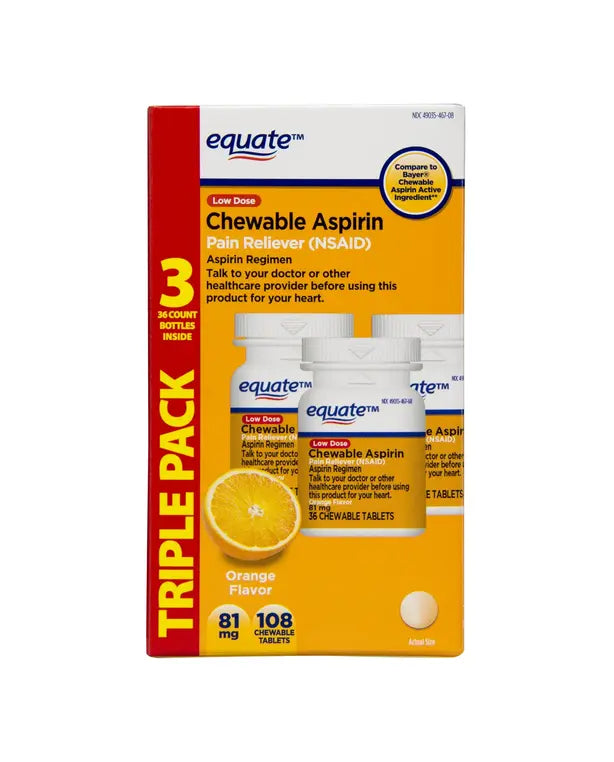 Equate Low Dose Chewable Aspirin 81 mg Tablets, Orange Flavor, 3x36 Count
