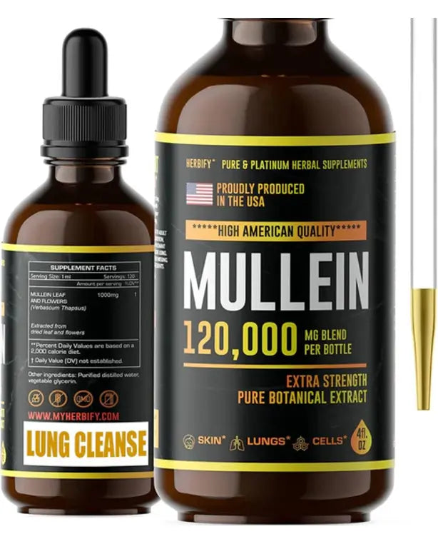 HERBIFY Mullein Drops - Lung Cleanse - Leaf Extract - Powerful Mullein for Immune Support,Detox & Respiratory Support - 4 Oz