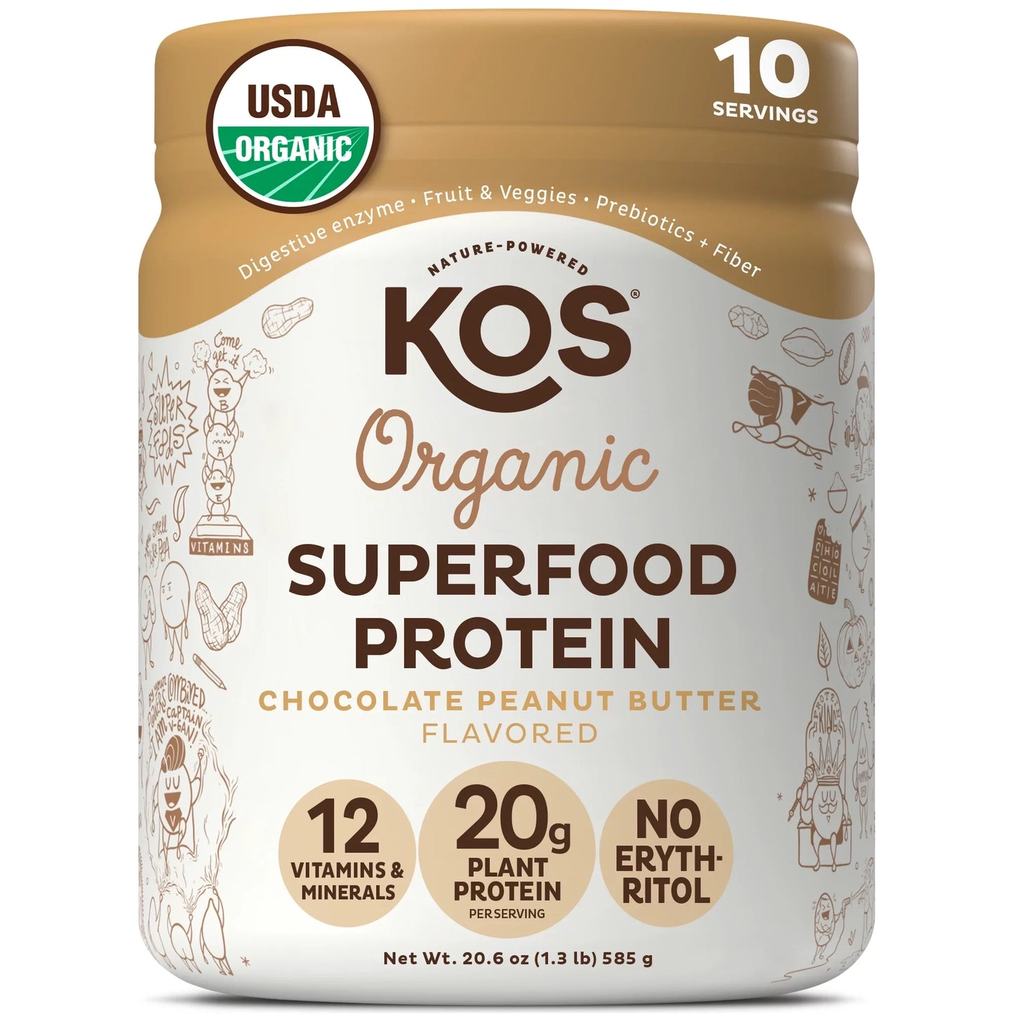 KOS Vegan Protein Powder, Chocolate USDA Organic - Low Carb Pea Protein Blend, Plant Based Superfood with Vitamins & Minerals - Keto, Soy, Gluten Free - Meal Replacement for Women & Men - 10 Servings