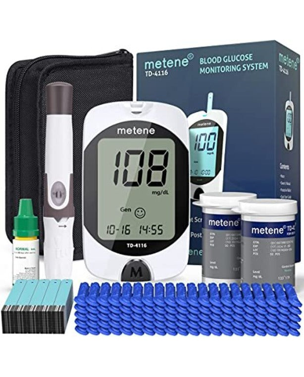 Metene TD-4116 Blood Glucose Monitor Kit, 100 Glucometer Strips, 100 Lancets, 1 Blood Sugar Monitor, 1 Lancing Device, Blood Sugar Test Kit, No Coding