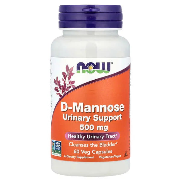 Supplement bottle labeled 'D-Mannose Urinary Support 500 mg' with a purple and orange label on a white background.