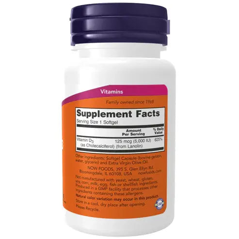 NOW Supplements, Vitamin D-3 5,000 IU, High Potency, Structural Support*, 120 Softgels