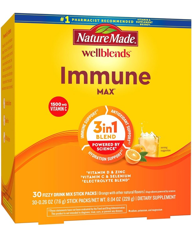 Nature Made Wellblends ImmuneMAX Fizzy Drink Mix, Vitamin C 1500mg, Zinc 15 mg, Vitamin D3 1000 IU (25 mcg), plus B Vitamins and Electrolytes Hydration Blend, 30 Stick Packs