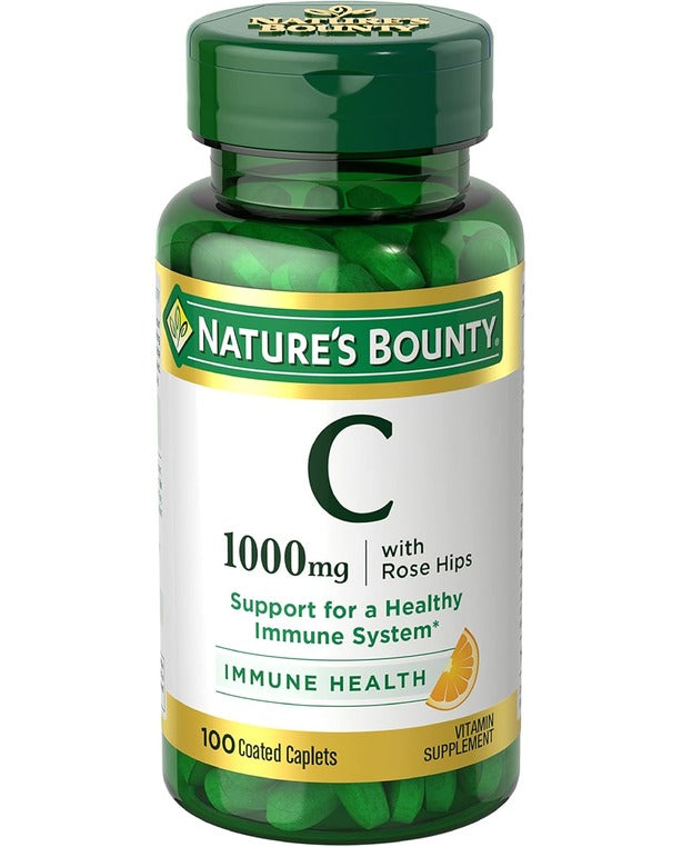 Nature's Bounty Vitamin C + Rose Hips, Immune Support, 1000mg, Coated Caplets, 100 Ct