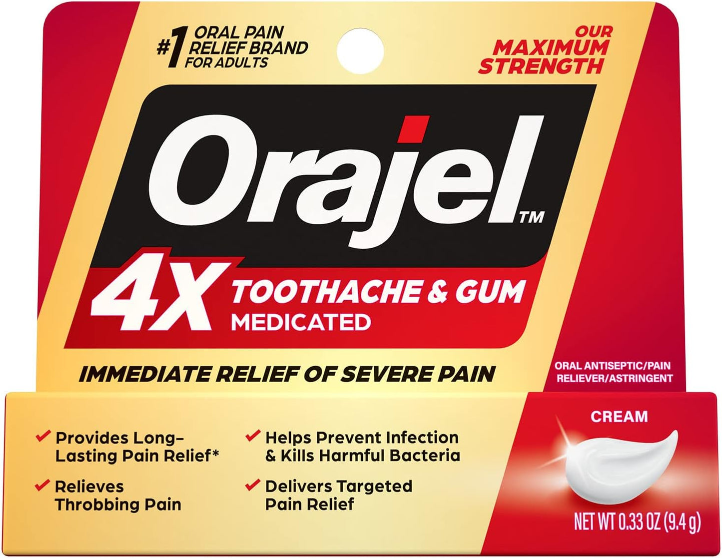 Orajel 4X for Toothache & Gum Pain: Severe Cream Tube 0.33oz- From Oral Pain Relief Brand