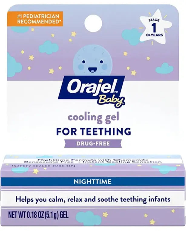 Orajel Baby Nighttime Cooling Gel for Teething, Drug-Free, 1 Pediatrician Recommended Brand for Teething, One .18oz Tube