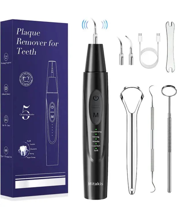 Plaque Remover for Teeth, Tartar Remover for Teeth with 5 Adjustable Modes & 2 Replaceable Heads, Electric Teeth Cleaner Kit with Dental Tools & Tongue Cleaner, Dental Calculus Remover with LED Light