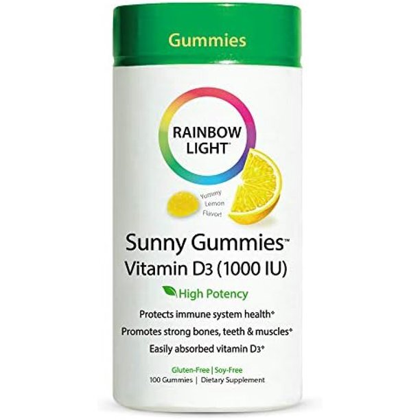Rainbow Light D Gummies, Sunny Gummies, Vitamin D3 1,000 IU, Gluten Free, Protects Immune System Health, Lemon, 100 Gummies