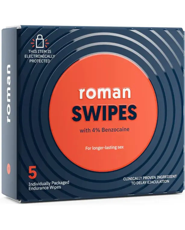Roman Swipes | Fast-Acting, Convenient, Over-The-Counter Wipes Increase Stamina, Formulated with 4% Benzocaine, Features Discreet Packaging | 5-Pack