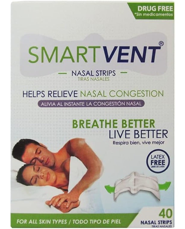 SMART VENT 40 Drug and Latex Free Nasal Strips That Instantly Relieve Nasal Congestion Breathe Better, Live Better. Includes 2 Practical Cases.