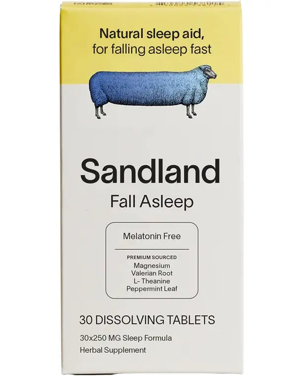 Sandland Fall Asleep, Natural Daily Sleep Supplement, 30 Dissolving Tablets, Magnesium, Valerian Root, L-Theanine, Peppermint Leaf
