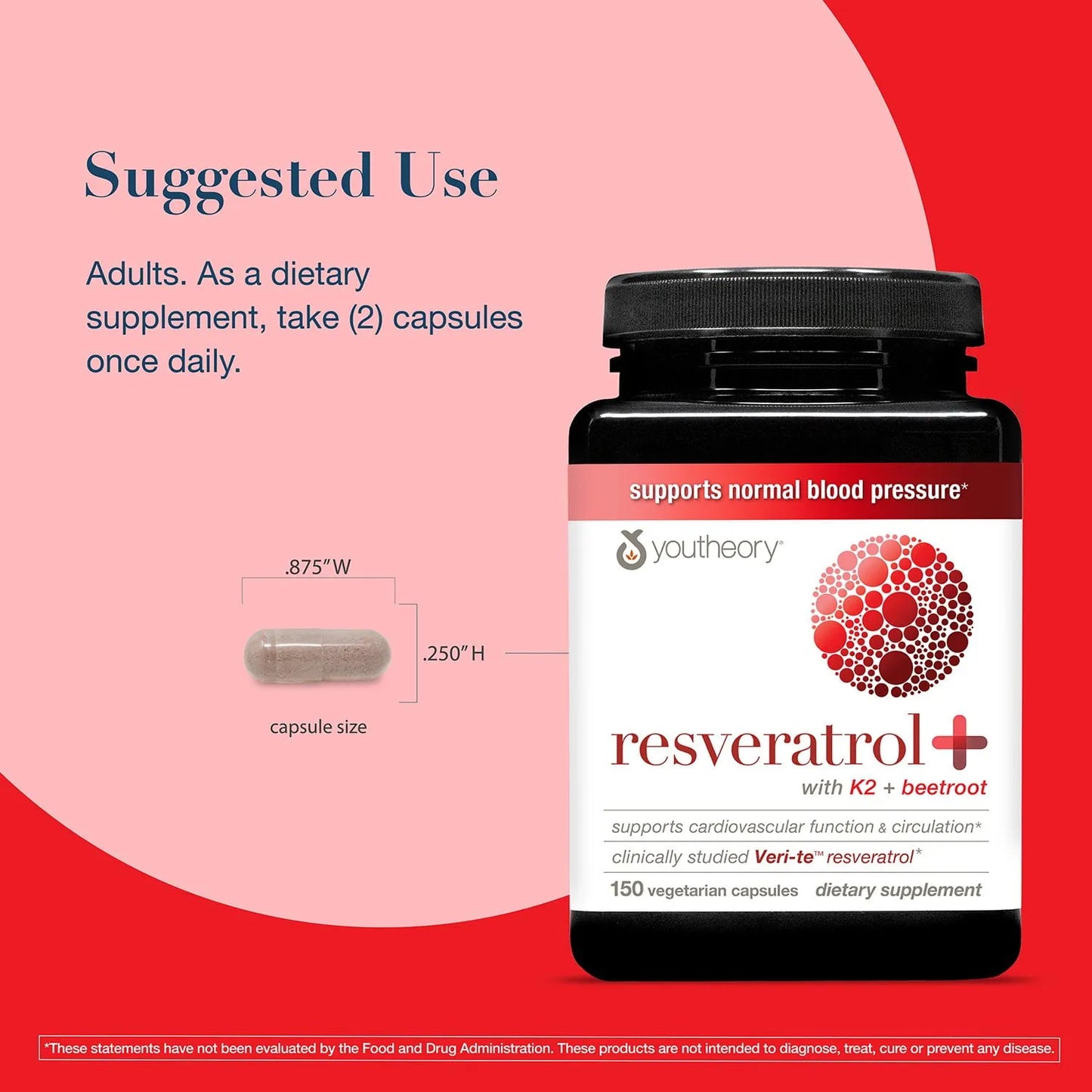 Youtheory Resveratrol+ with K2 + Beetroot Supplement Capsules, 150 ct.