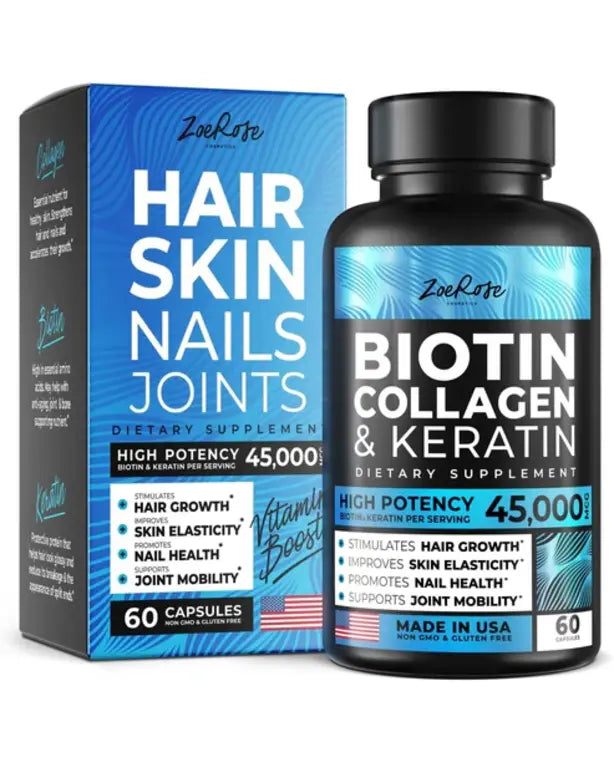 ZoeRose Biotin, Collagen & Keratin - Skin, Hair and Nails for Women - 60 counts