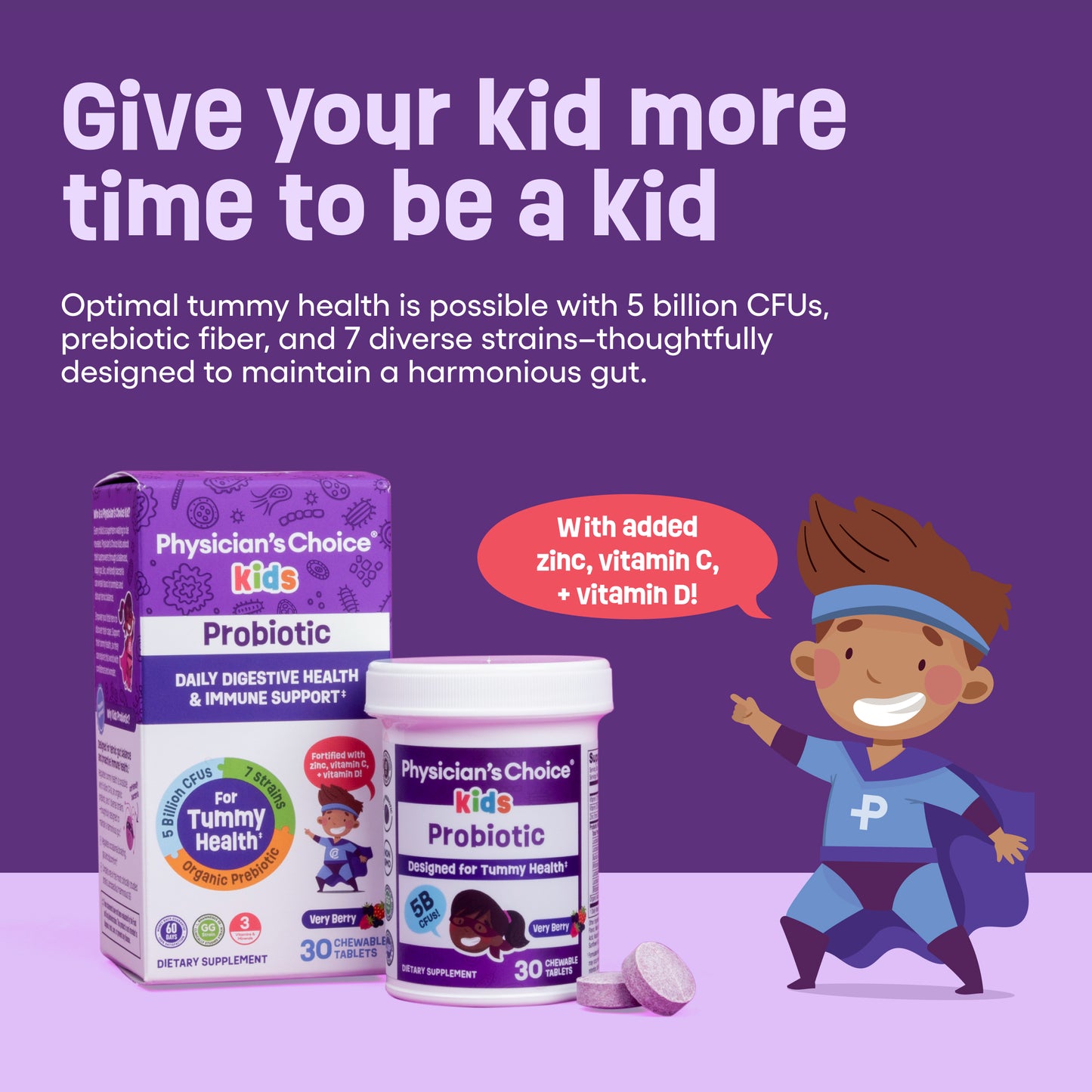 Physician's CHOICE Probiotics for Kids - 7 Diverse Strains, Organic Prebiotics, Vitamins & Minerals - Clinically Studied L. Rhamnosus GG - Immune & Digestive Support - No Allergens or Artificial Dyes