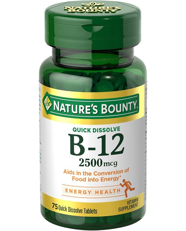 Nature’s Bounty Vitamin B12 2500 mcg, Cellular Energy Support, For Energy Metabolism, Heart & Nervous System Health, 75 Quick Dissolve Tablets