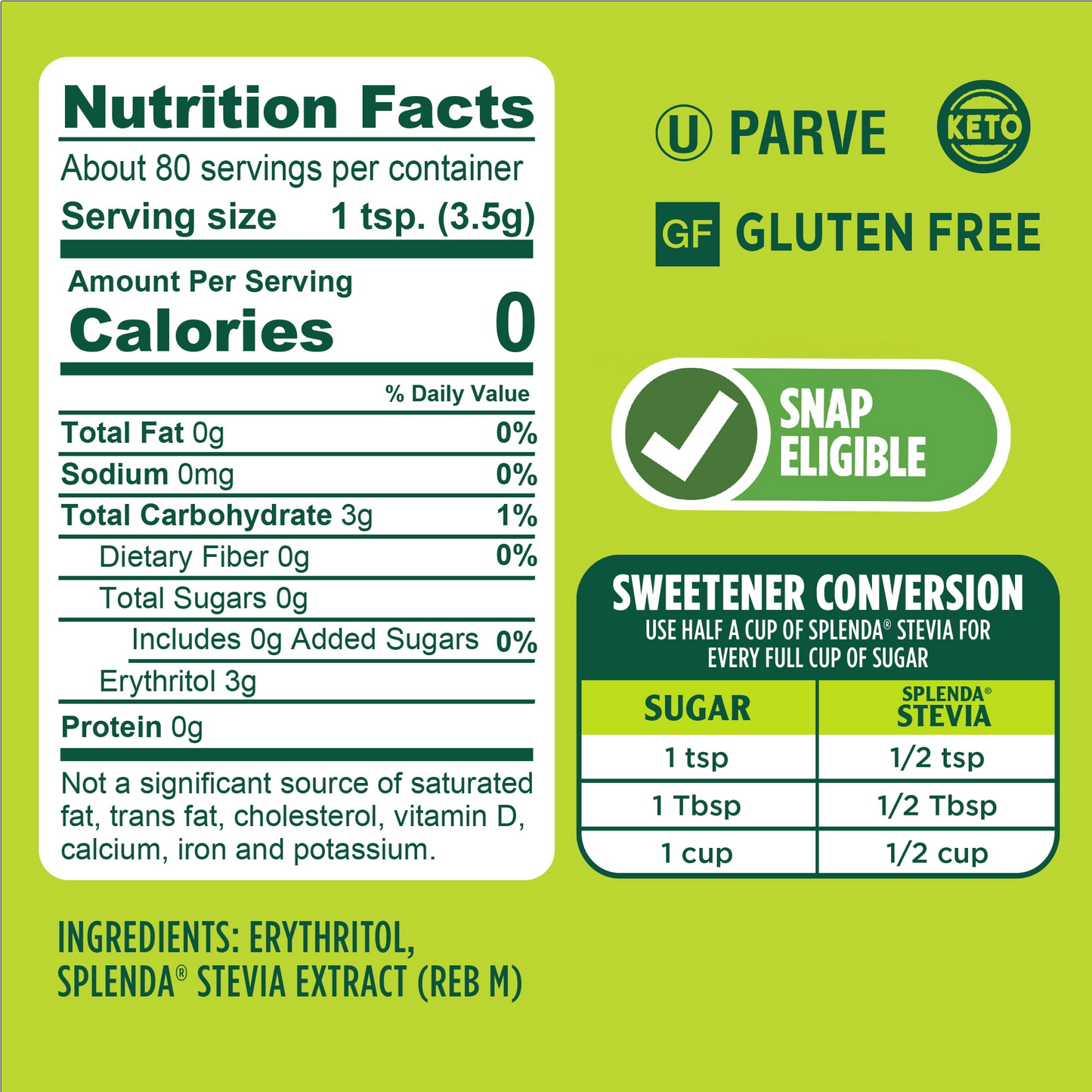 SPLENDA Stevia Zero Calorie Sweetener, Plant Based Sugar Substitute Granulated Powder, 9.8 oz Jar