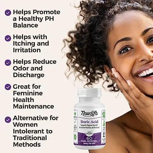 Medical Grade Boric Acid Vaginal Suppositories - 600mg - 100% Pure Womens pH Balance Pills - Yeast Infection, BV -30 Capsules: Made in USA NewLife Naturals