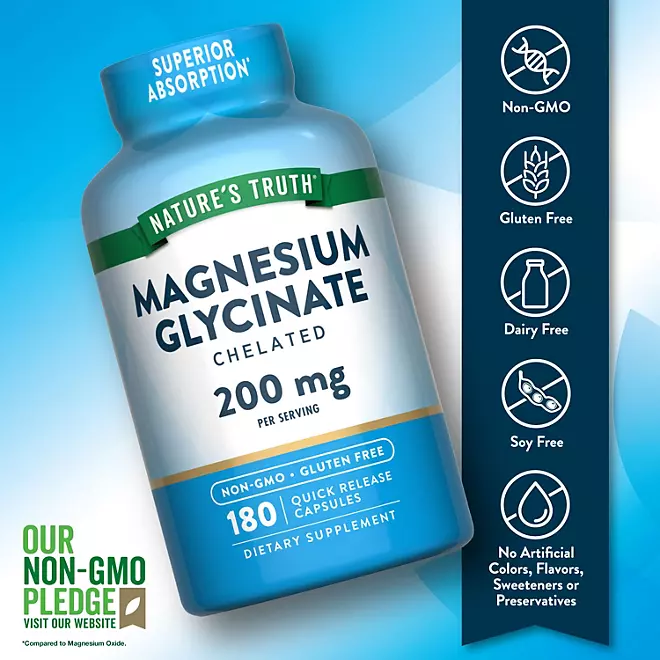Nature's Truth Magnesium Glycinate Capsules | 200mg | 180 Count | Non-GMO, Gluten Free Supplement Nature's Truth