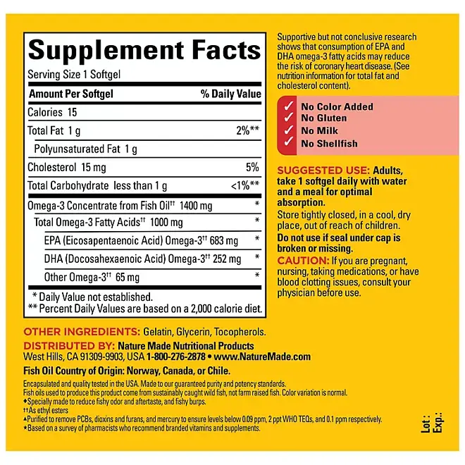 Nature Made Burp Less Ultra Omega 3 Fish Oil 1400 mg, 65 Count Softgels Nature Made