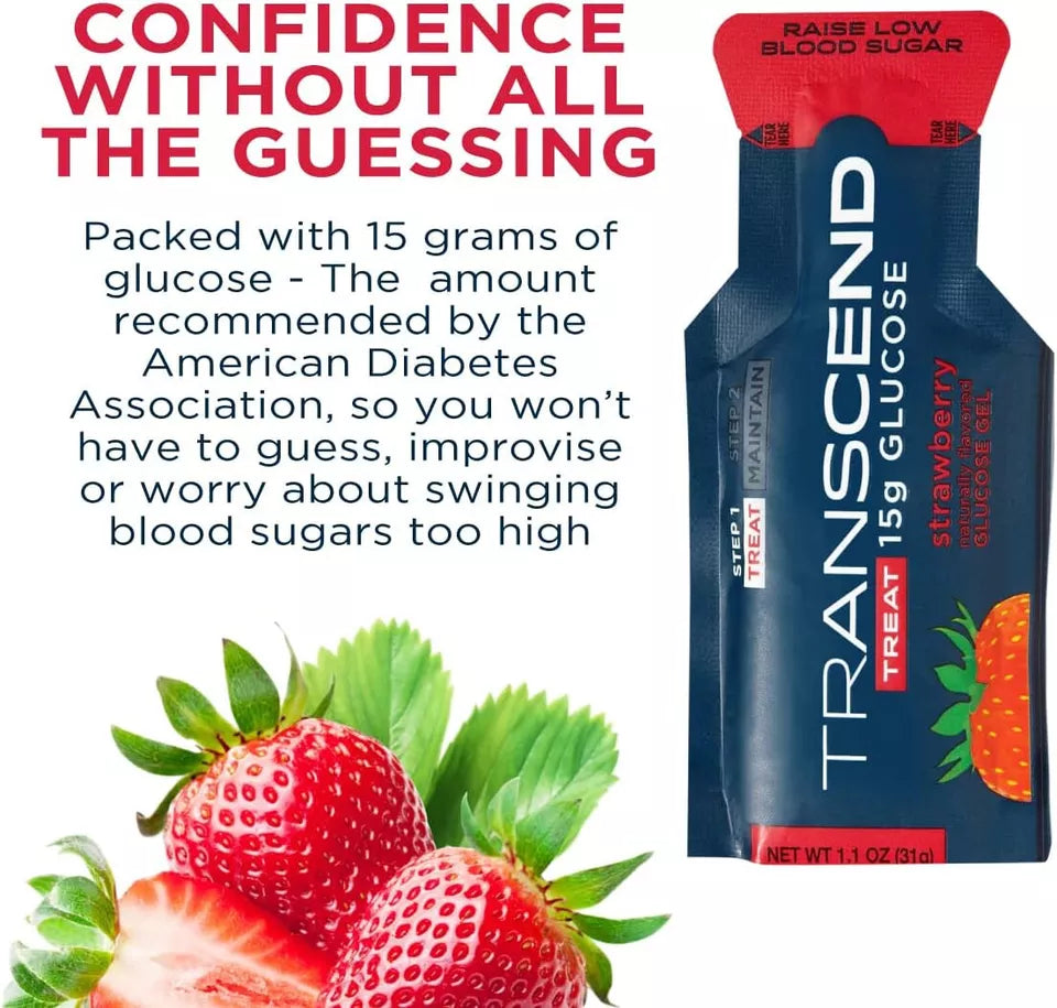 Transcend Glucose Gel Packs - Strawberry, 15 Pack (1.1oz Each) - FSA/HSA Eligible - Glucose Gel Packs for Diabetics, Blood Sugar Support