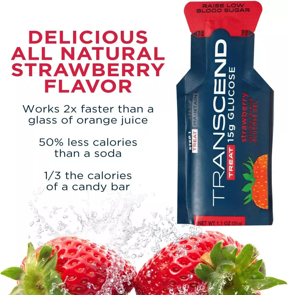 Transcend Glucose Gel Packs - Strawberry, 15 Pack (1.1oz Each) - FSA/HSA Eligible - Glucose Gel Packs for Diabetics, Blood Sugar Support