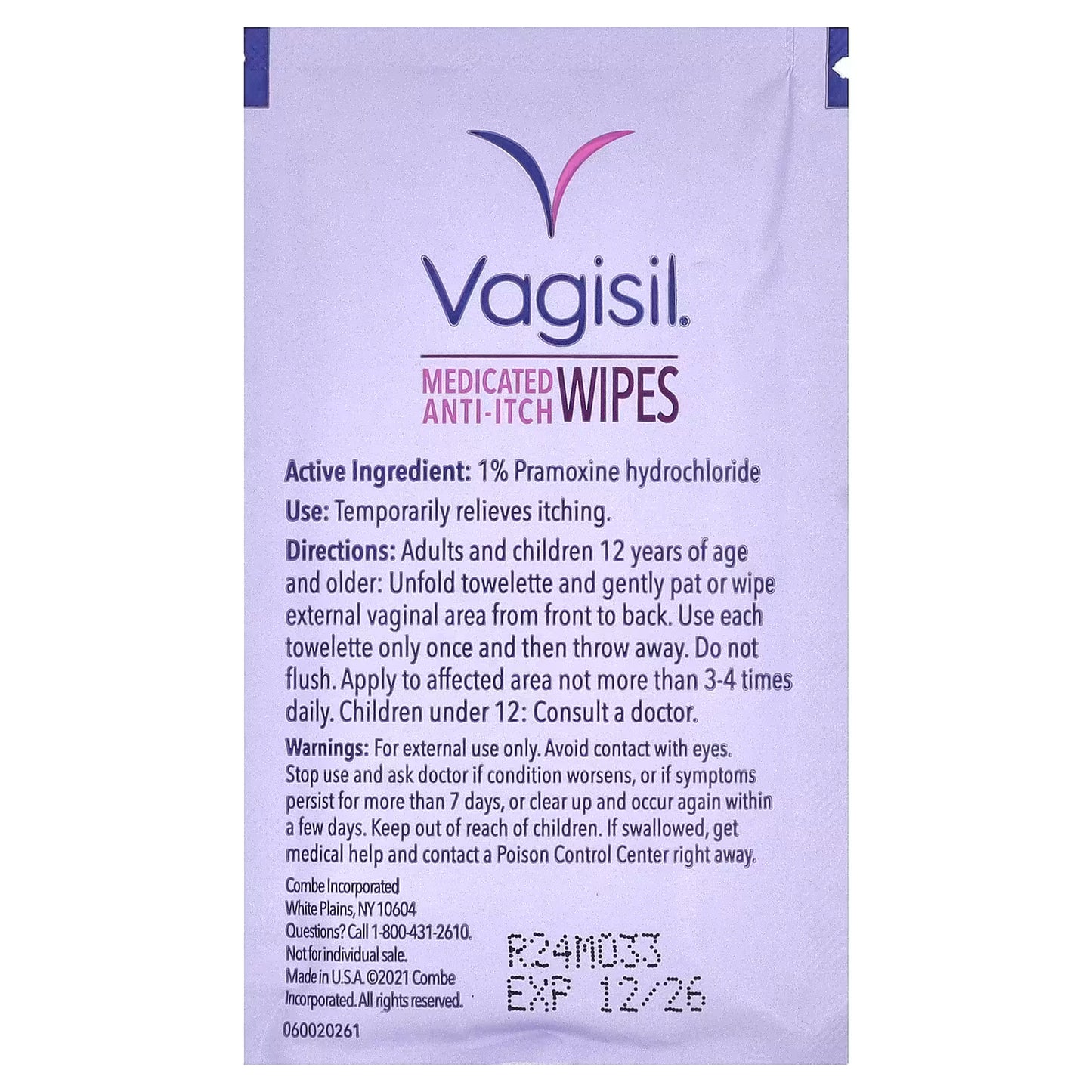 Vagisil Anti-Itch Medicated Feminine Intimate Wipes for Women, Maximum Strength, Gynecologist Tested, 12 Wipes