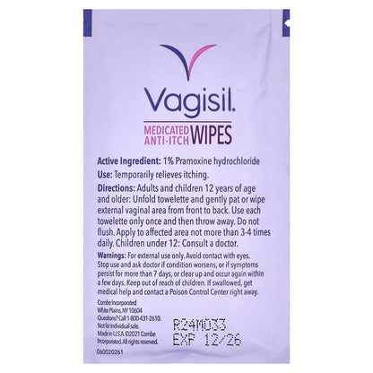 Vagisil Anti-Itch Medicated Feminine Intimate Wipes for Women, Maximum Strength, Gynecologist Tested, 12 Wipes