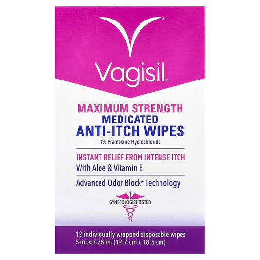 Vagisil Anti-Itch Medicated Feminine Intimate Wipes for Women, Maximum Strength, Gynecologist Tested, 12 Wipes
