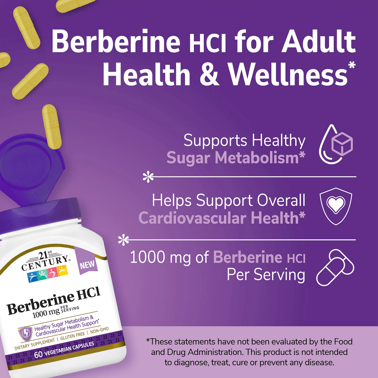 Advertisement for Berberine HCI supplement with purple background and product packaging.