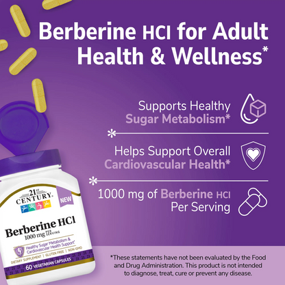 Advertisement for Berberine HCI supplement with purple background and product packaging.