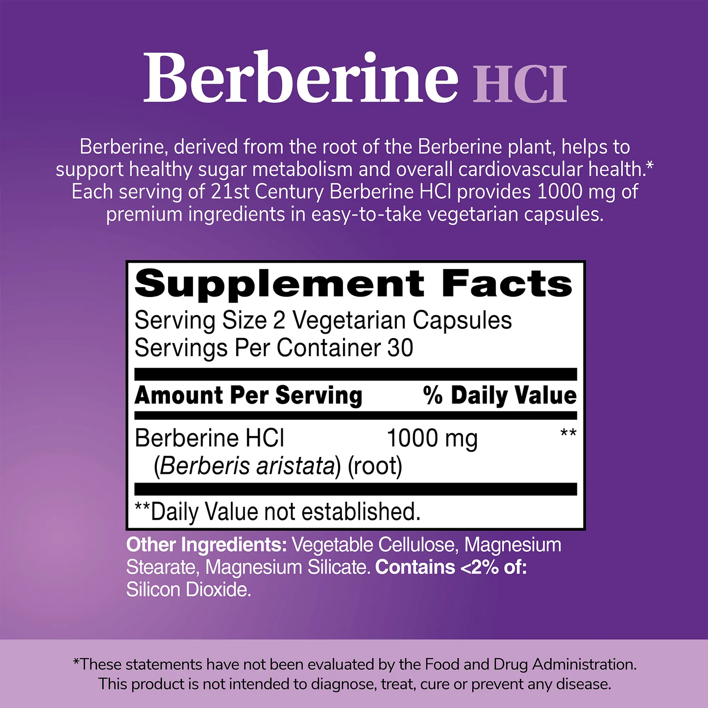 Supplement label for Berberine HCI with purple background