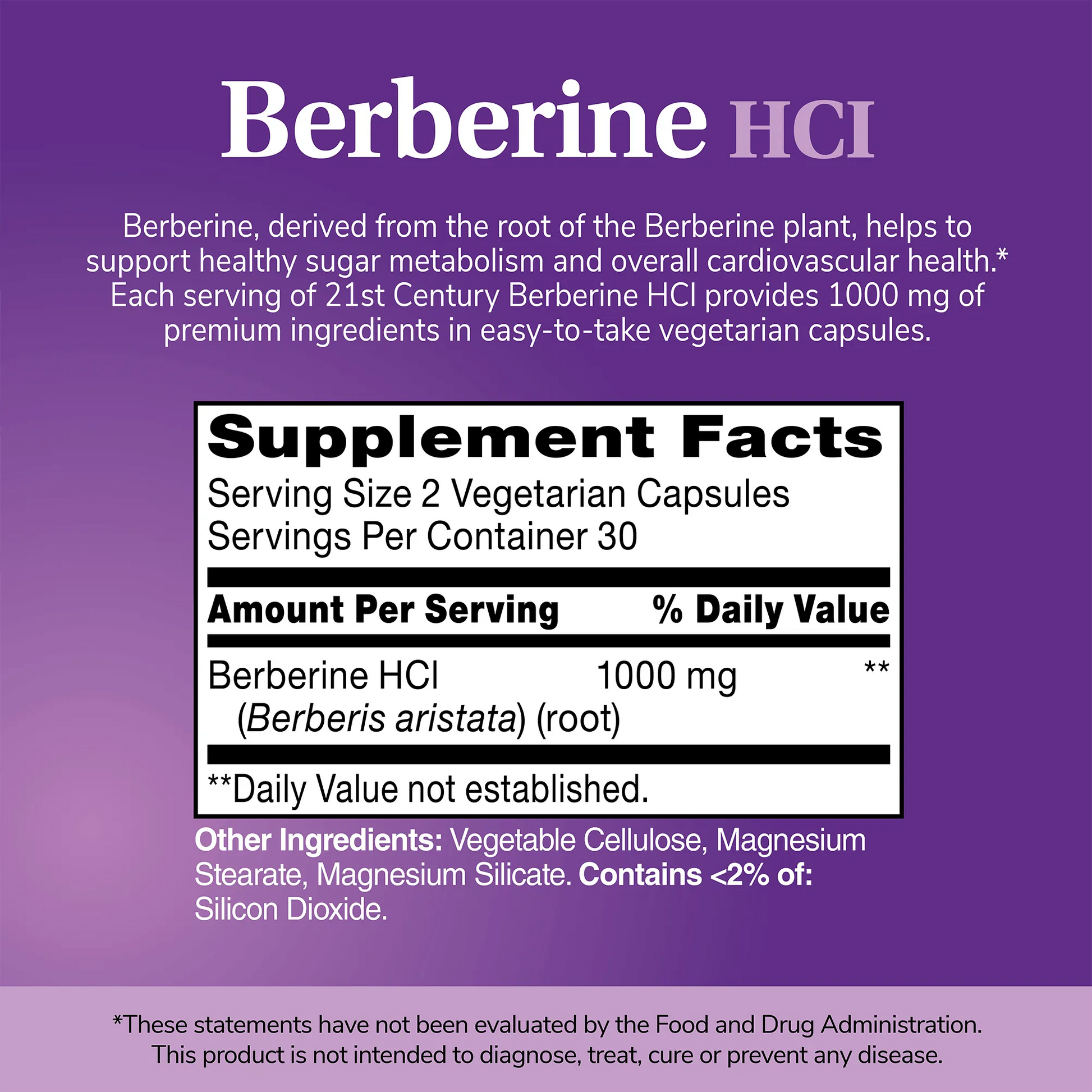 Supplement label for Berberine HCI with purple background