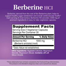 Supplement label for Berberine HCI with purple background