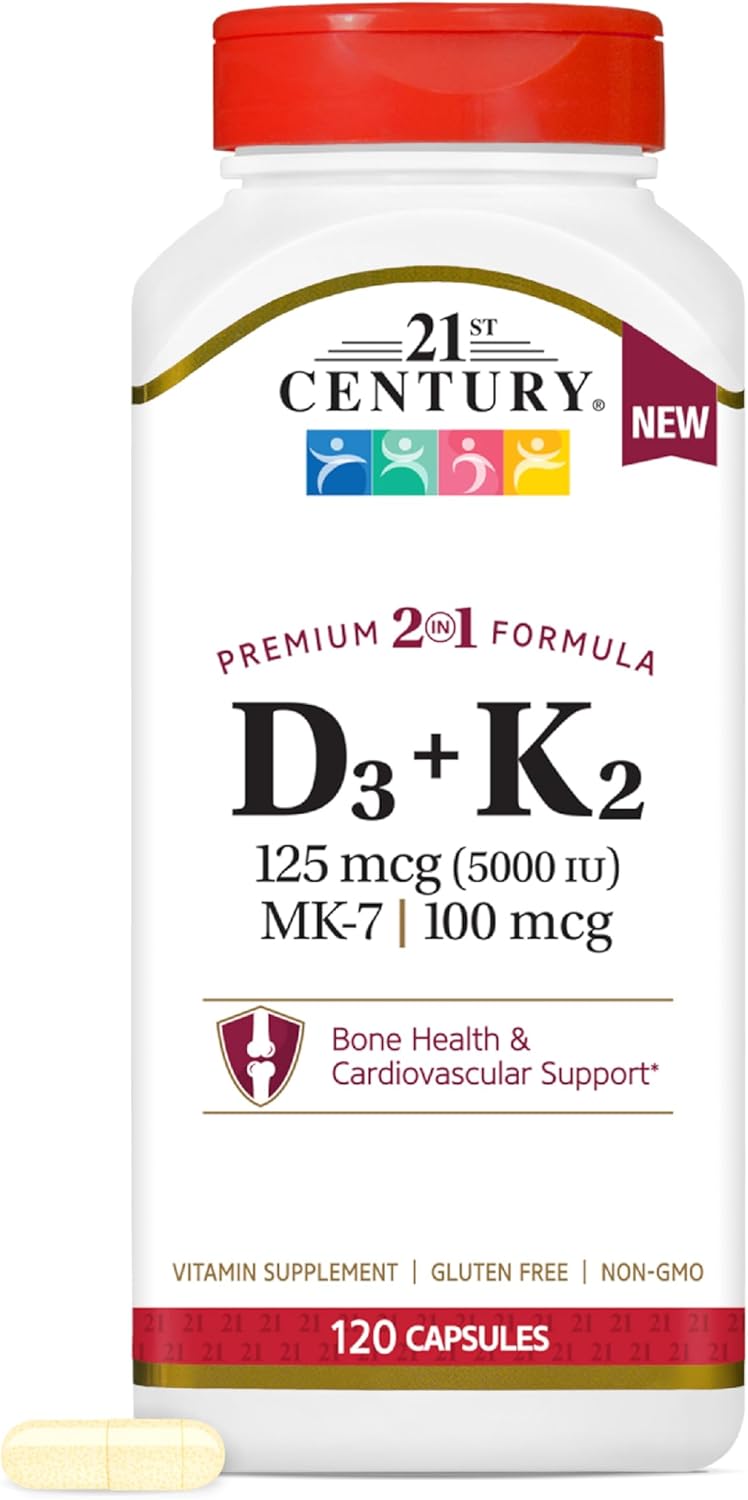 21st Century Vitamin D3 125 mcg + K2 100 mcg, (120 Count)