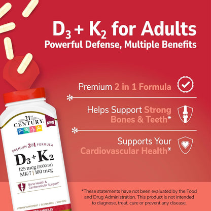 21st Century Vitamin D3 125 mcg + K2 100 mcg, (120 Count)