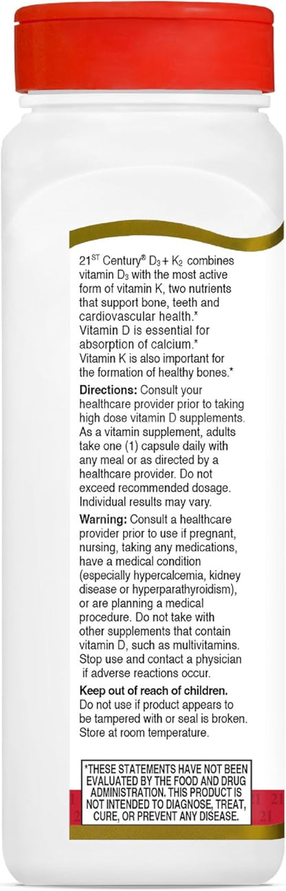 21st Century Vitamin D3 125 mcg + K2 100 mcg, (120 Count)