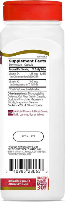 21st Century Vitamin D3 125 mcg + K2 100 mcg, (120 Count)