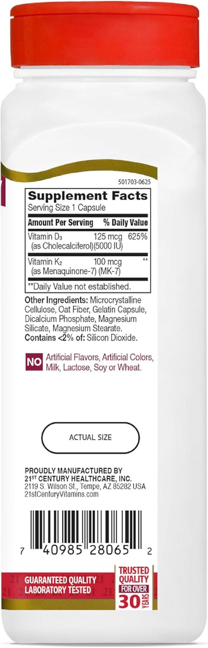 21st Century Vitamin D3 125 mcg + K2 100 mcg, (120 Count)