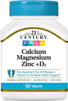 Supplement bottle labeled '21st Century Calcium Magnesium Zinc + D3' with blue and white design.