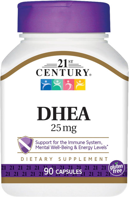 21st Century DHEA dietary supplement bottle with purple cap and label.