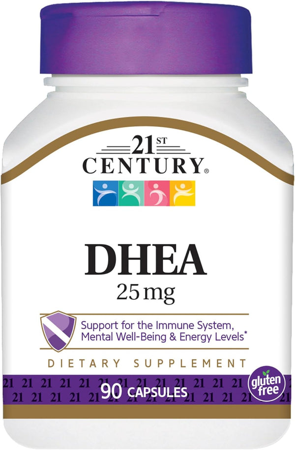 21st Century DHEA dietary supplement bottle with purple cap and label.