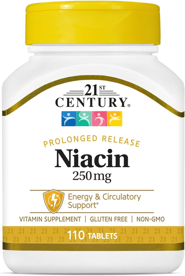 21st Century Niacin supplement bottle with yellow cap and white label